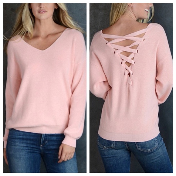 Simply Couture Sweaters - Simply Couture Lace-Up Back V-Neck Knit Sweater